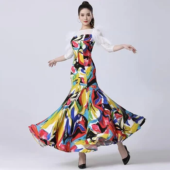 2023 Nový Moderný Dancewear Dospelé Samice Elegantná Kvetina Tlače Ballroom Dance Šaty Foxtrot Ženy Fáze Valčík Dlho Strany Kostýmy