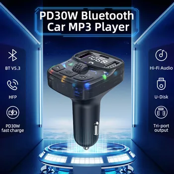 30W Rýchle Nabíjanie Jeden Presuňte Tri 2USB+1PD Typ C Auto FM Bluetooth 5.3 Vysielač Nabíjačky, Handsfree Hovor Adapte MP3 Prehrávač Hudby