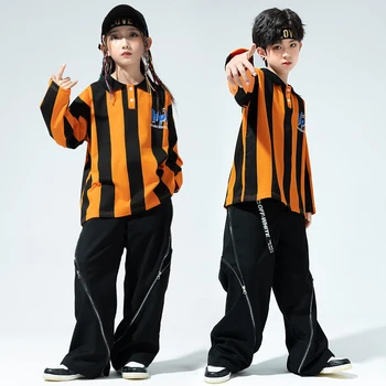 Deti Hip Hop Oblečenie Orange Prúžok Polo Mikina Top Black Bežné Široký Zips Nohavice pre Dievča, Chlapca, Jazz Tanečných Kostýmov, Šiat