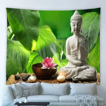 Indický Zen Gobelín Buddha Lotosový Kvet Zelená Rastlina Leaf Kamennej Stene Visí Na Pozadí Handričkou Pláž Uterák Yoga Mat Deka Dekor
