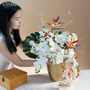 INDIGO-Jednu Pobočku White Orchid Vták Raja Anthurium Big Green Leaf Umelá Kvetina, Navrhnutý Vrchol
