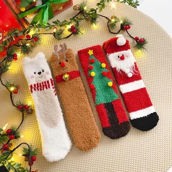 Jesenné a Zimné Coral Velvet Tepelnej Poschodí Ponožky Lady Bell Elk Vianočné Dovolenku Kravatu Roztomilý Kreslený Spánku Roztomilé Ponožky