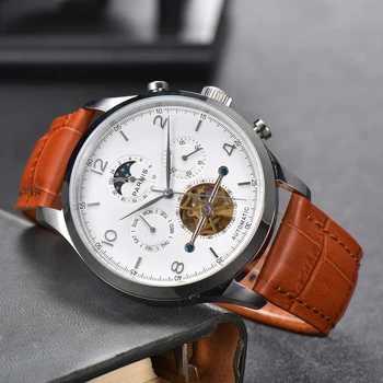 Móda Parnis 43mm Biela Dial Automatické Mechanické pánske Hodinky Fázy Mesiaca, Kalendár Kožený Remienok Mužov náramkové hodinky reloj hombre