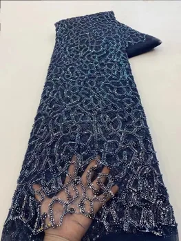 Navy BlueLatest Luxusný Elegantný Francúzsky Výšivky Ženícha Čipky Textílie Afriky Nigérijský S Flitrami Textílie Pre Svadobné Party Šaty