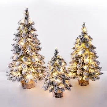 Prelit Stola Vianočný Stromček, Sneh sa Hrnuli s Led Svetlá Dreva Base Mini Vianočné Borovice na Stôl písací Stôl Domov Vianočný Dekor
