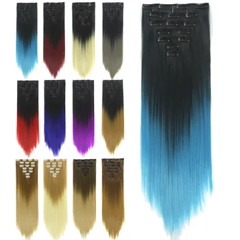 Rovno Čiernej Na Modrú Ombre Hair Kusov Syntetické Clip-in Vlasy Rozšírenia Plnú Hlavu Rainbow Vlasy Extencione pre Ženy