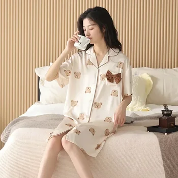 Sleepwear oblečenie pre voľný čas Pár Krátkych Mužov Šaty Oblečenie kórejský Rukáv 2023 Ženy Lete Pajama Satin Noc pre Hodváb Roztomilý Sady Kreslených