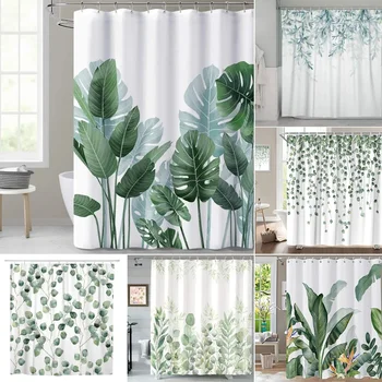 Tropické Zelené Listy Rastlín na Bielom Pozadí, bez Zápachu, Sprchové Závesy pre Kúpeľne, Sprchy a Vane Dekor s Háčikmi