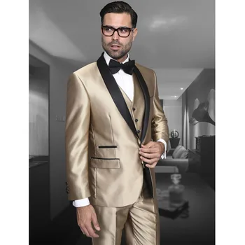Zlatá Satén Muži 3 Ks Ženícha Svadobný Oblek 2023 Nové Módne Mužov Luxusné Saténové Svadobné Prom Formálne Tuxedos (Bunda+Vesta+Nohavice)